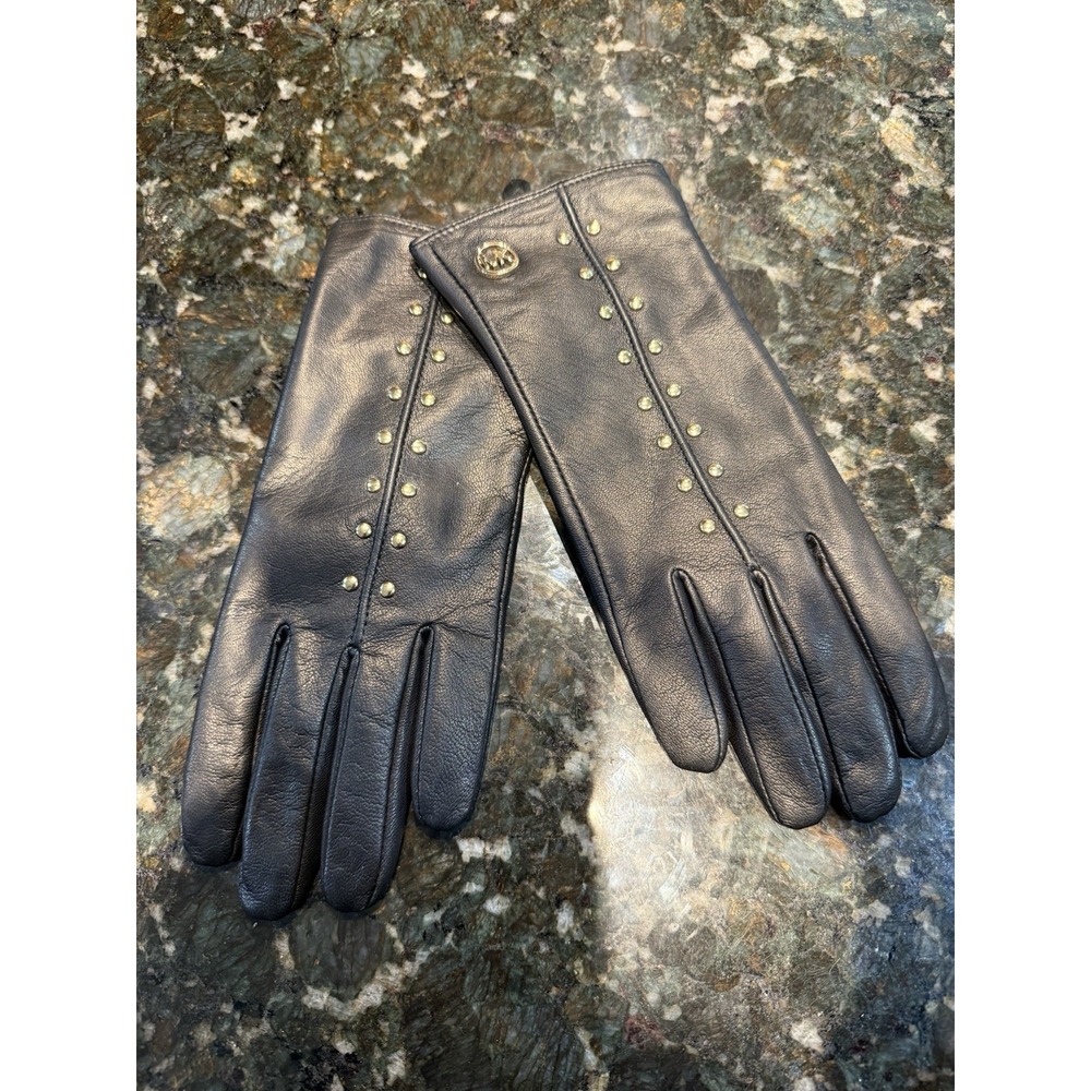 NWOT MICHAEL KORS MK BLACK LEATHER GLOVES GOLD DETAIL SIZE M T